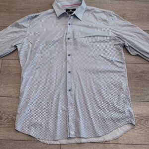 Buttercloth Button Down Shirt‎ Mens 2X Tall White Blue Geometric Preppy Casual